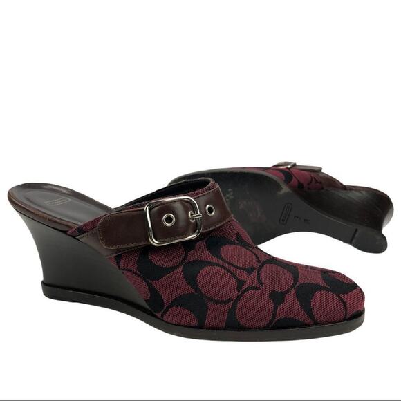 COACH Signature Monogram Canva Burgundy/wine Logo textile Bethany Wedge Mules 7 - Picture 2 of 16